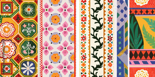 A vibrant collection of colorful patterned polish folk art textiles