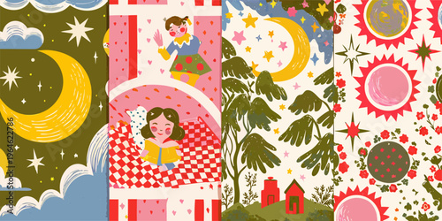 Whimsical illustrated panels featuring moons stars and dreamy nighttime scenes