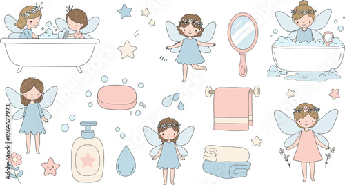 Whimsical fairy princesses in various bathroom settings with toiletries