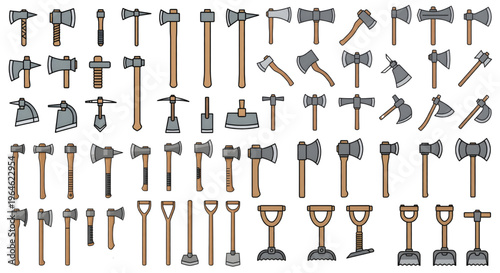 Vector Tools Axe Shovel Sprite Sheet, A flat-design vector sprite sheet featuring various types of basic axes, hand tools like shovels, and pickaxes arranged in a grid, Broadaxes and Grubbing Hoes 