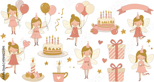 Birthday celebration elements with cartoon girls and party decorations