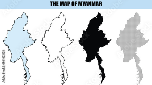 Myanmar Map Outlines Various Styles Isolated on White Background