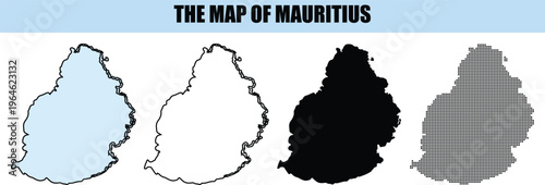 Mauritius Island Outlines and Map Styles: Silhouette Contour Pixelated and Filled Variations