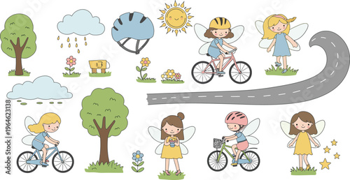 Children riding bikes in various scenes with weather and nature elements