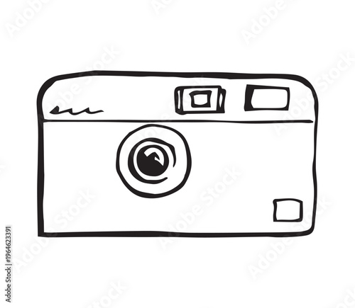 Hand drawn disposable film camera sketch illustration. Point and shoot doodle, bold black outline on white. Y2K nostalgia, film aesthetic and retro photography concept for branding.