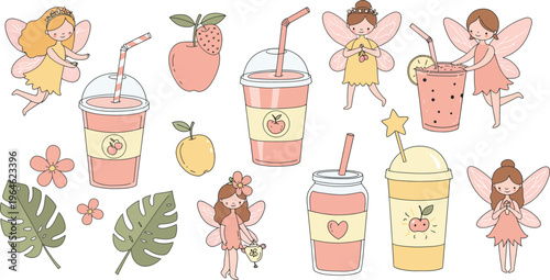 Illustration of tropical drinks and fairy girls with leaves and fruit on white background