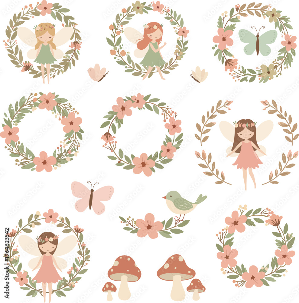 Fototapeta premium Whimsical watercolor floral wreaths with fairytale princess girls and nature elements