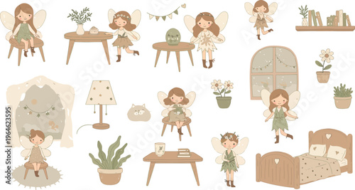 Whimsical illustration of little girls in a nursery with furniture and plants