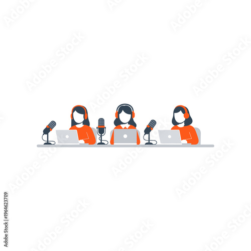 Three women recording podcast at table with microphones and laptops for broadcast.