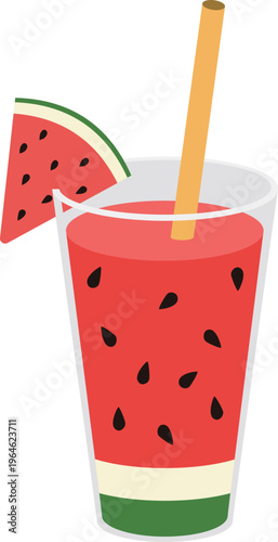 Simple glass filled with red watermelon juice and a green straw