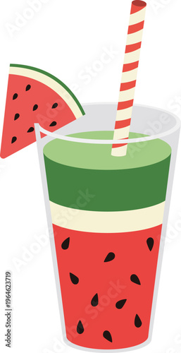 Refreshing layered watermelon smoothie with green rind and red pulp layers and a straw
