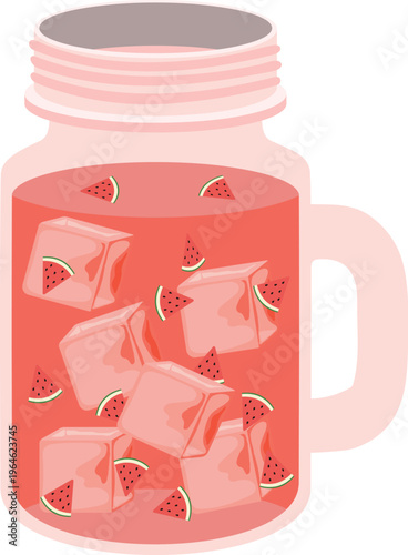 Watermelon juice jar filled with ice cubes