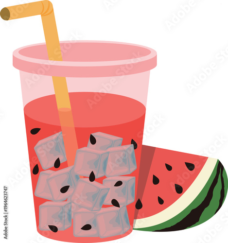 Iced watermelon drink with straw and slice