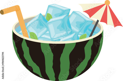 Iced watermelon bowl with straw and umbrella