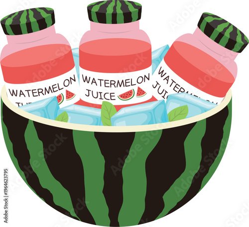 Three watermelon juice bottles in a watermelon bowl