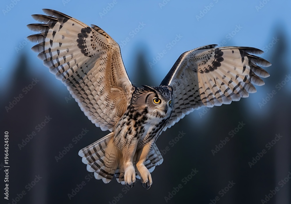 Fototapeta premium Close up of a barn owl in flight with detailed feather patterns tyto alba bird in flight