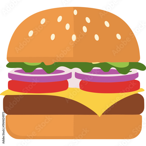 A delicious cheeseburger with lettuce, onions, and tomatoes is served.