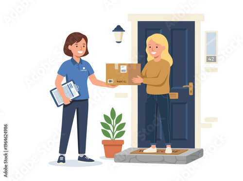 Delivery Person Handing Package to Woman at Door.