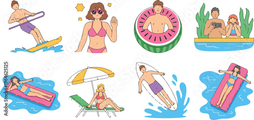 Flat characters vector set with people enjoying summer sunbathing on loungers, swim rings, women in pool, men surfing, tourists illustration