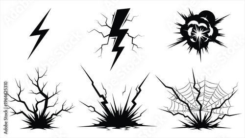 Lightning bolt silhouette sequence vector illustration. Black thunderbolts showing natural lightning phenomena, isolated on a dark background with electric flash effects