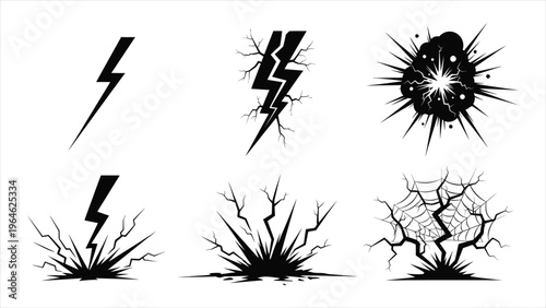Lightning bolt silhouette sequence vector illustration. Black thunderbolts showing natural lightning phenomena, isolated on a dark background with electric flash effects