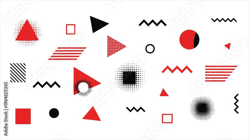 Memphis design mega set – vector geometric shapes, colorful abstract lines, circles, and triangles