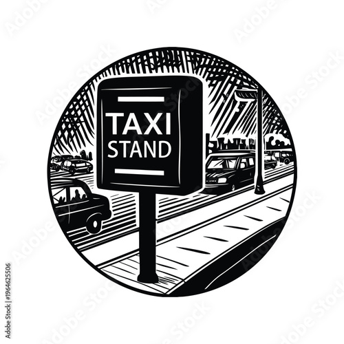 Vector illustration of a taxi stand sign on a street with cars and buildings in the background.