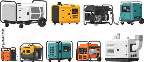 Portable power generators collection including diesel gasoline inverter units for backup electricity industrial energy equipment vector illustration set