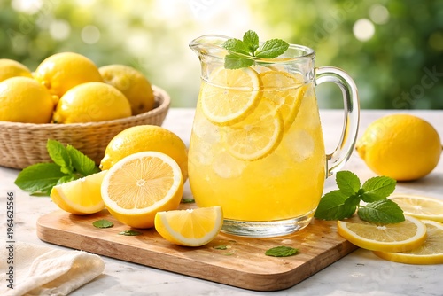 Refreshing pitcher of homemade lemonade with lemons and mint leaves