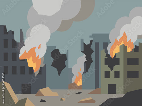 Destroyed Cityscape with Fire and Smoke.