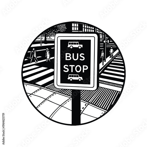 Black and white illustration of a city bus stop with pedestrians crossing the street