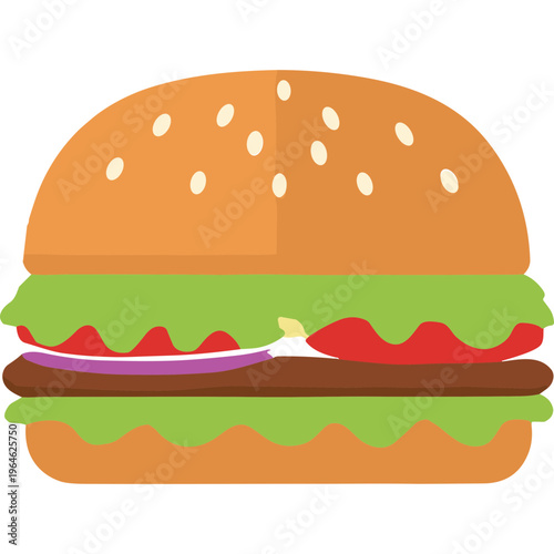 Delicious burger with lettuce, tomato, and onion on a sesame seed bun