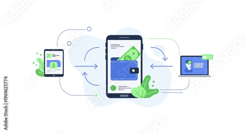 Digital Wallet Transfer Illustration: Secure Mobile Payment, E-Money Flow, Online Banking, and Fintech Integration.