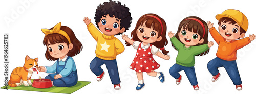 Set of happy kids playing and caring for pet cat isolated on white background childhood activity vector illustration collection