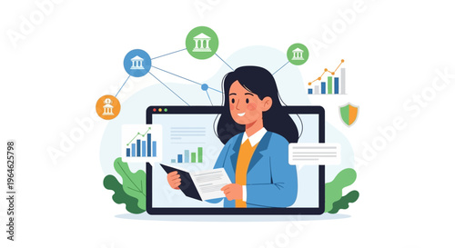 Virtual Financial Consultant Presentation. Businesswoman analyzing data graphs on a digital screen for online learning, FinTech, and network strategy.