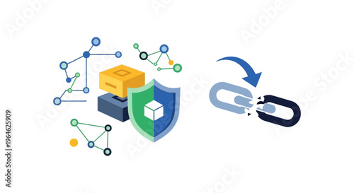 Cybersecurity Defense: Shield Protecting Server Data and Network Infrastructure. Broken Chain Link Icon Symbolizing Data Breach, Attack, or Security Disruption.