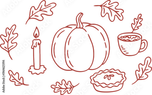 Autumn leaves pumpkin pie candle and coffee hand drawn doodle vector illustration set