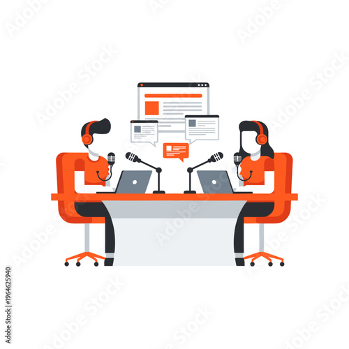 Two people wearing headphones and microphones sitting at table with laptops in studio.