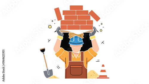 Builder at Work: A construction worker balances a stack of bricks on his head, emphasizing strength and precision, next to a shovel and traffic cone. 