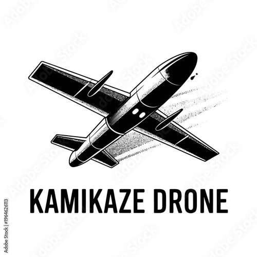 Monochrome illustration of a kamikaze drone in flight with smoke trail