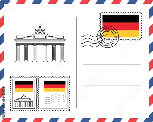 Postcard with German flag stamps and Brandenburg Gate illustration