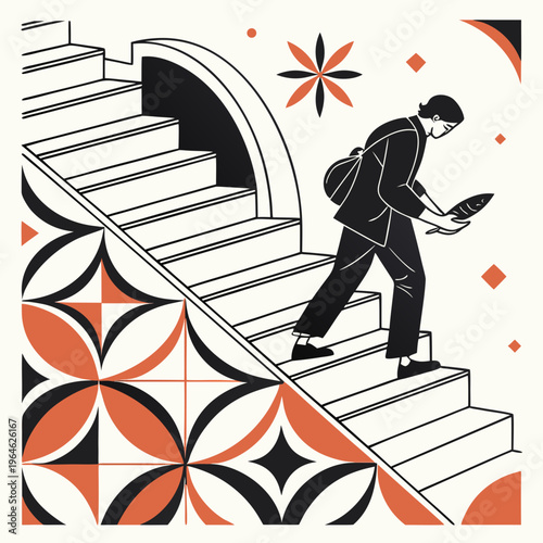 Businessman Walking Down Stairs with Laptop in Hand, Geometric Pattern Background