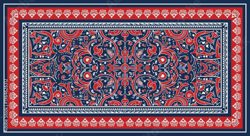Traditional Persian Carpet Pattern with Red and Blue Floral Ornaments, Decorative Oriental Rug Design for Textile and Background