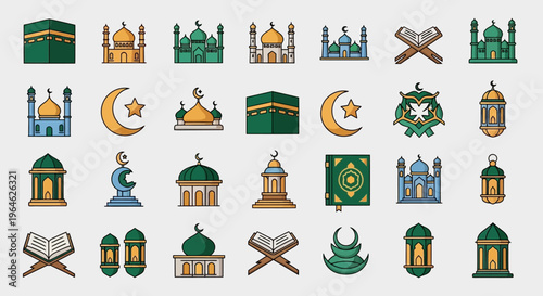 Islamic Icon Collection for Ramadan and Eid: Mosque, Kaaba, Quran, Lanterns, and Crescent Moon Flat Vector Illustration Set