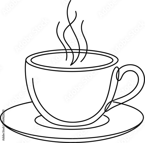 Simple line drawing of a steaming hot cup of coffee on a saucer