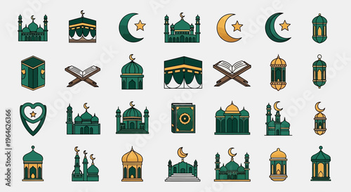 Islamic Icon Set for Ramadan Kareem and Eid Mubarak Featuring Mosque, Kaaba, Quran, Lanterns, and Crescent Moon in Green and Gold Illustration