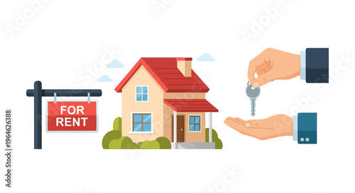 Flat design vector illustration of a two-story residential house with a red roof, a for rent sign on a black post, and two hands exchanging a silver key on a white background.