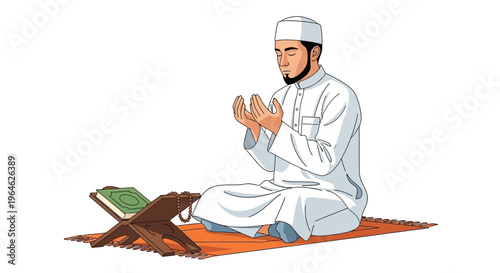 Muslim Man Making Supplication or Dua While Sitting on Prayer Mat with Holy Quran and Beads, Flat Illustration Isolated on White Background