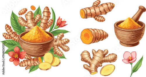 Vintage style vector illustration of turmeric and ginger roots featuring botanical flowers, mortar and pestle with spice powder, and sliced rhizomes.