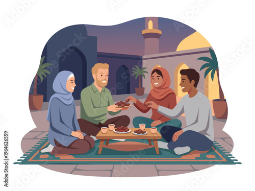 Diverse group of friends sharing a meal outdoors.